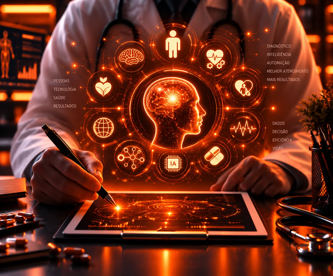 Médico com painel holográfico de indicadores de saúde e IA