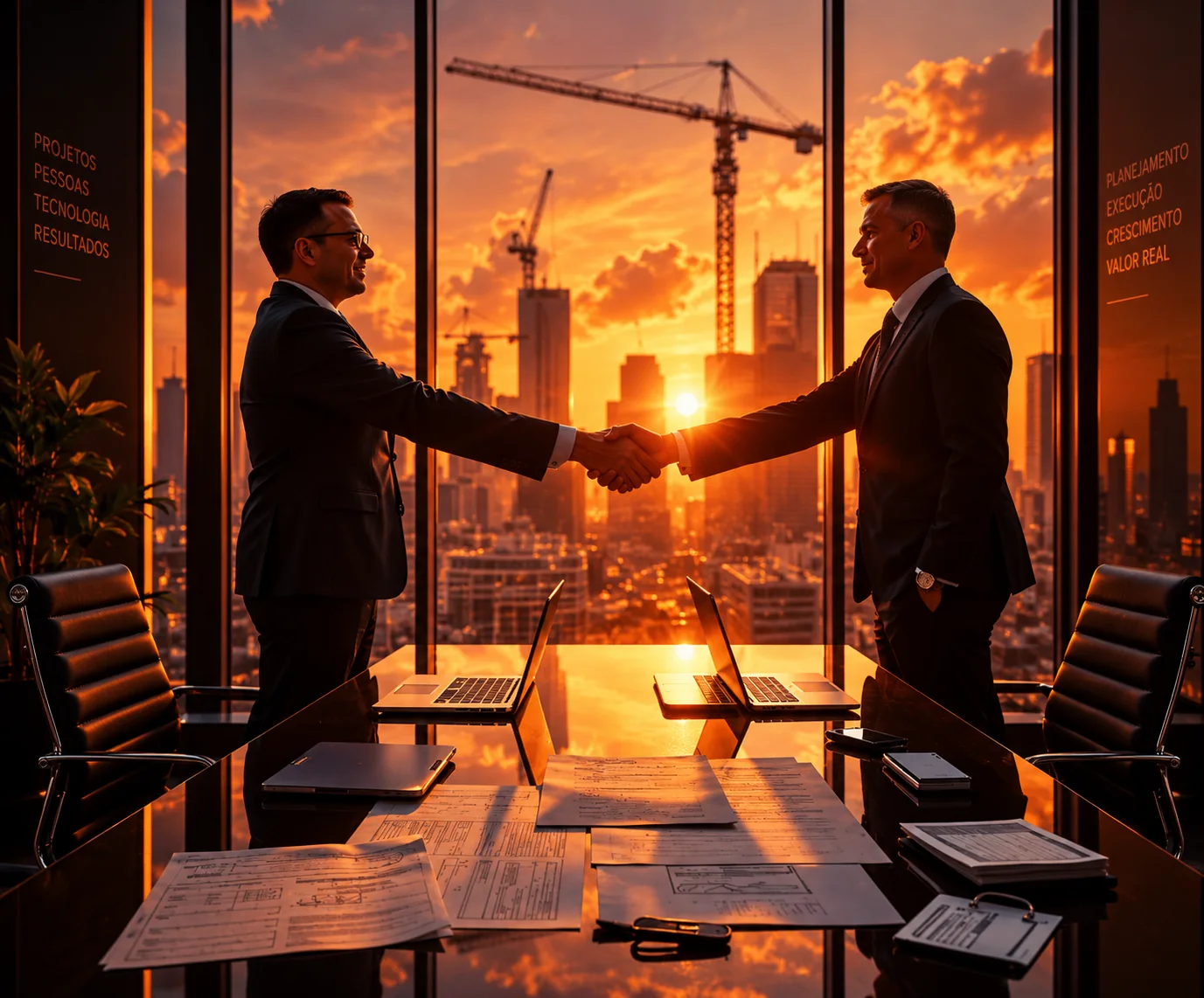 Aperto de mãos em escritório corporativo ao pôr do sol