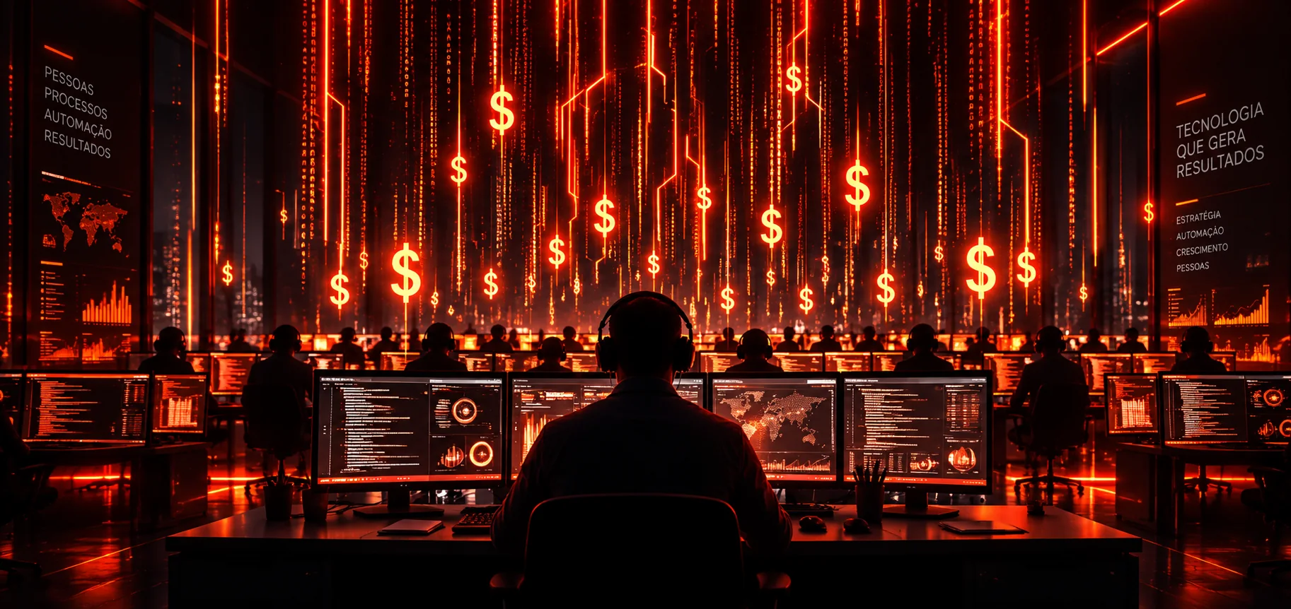 Sala de operações com a equipe em múltiplos monitores e painéis de resultado